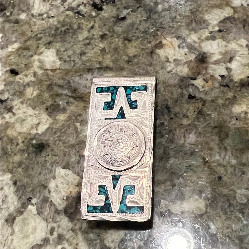 Vintage Alpaca Mexican Silver Money Clip with Genuine Turquoise Inlay